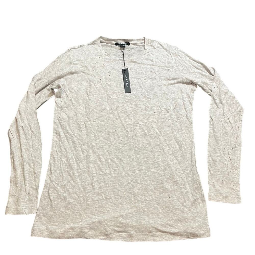 Acrobat Womens 100% Linen Distressed Long Sleeve Top‎ Gray Oversized Size Small